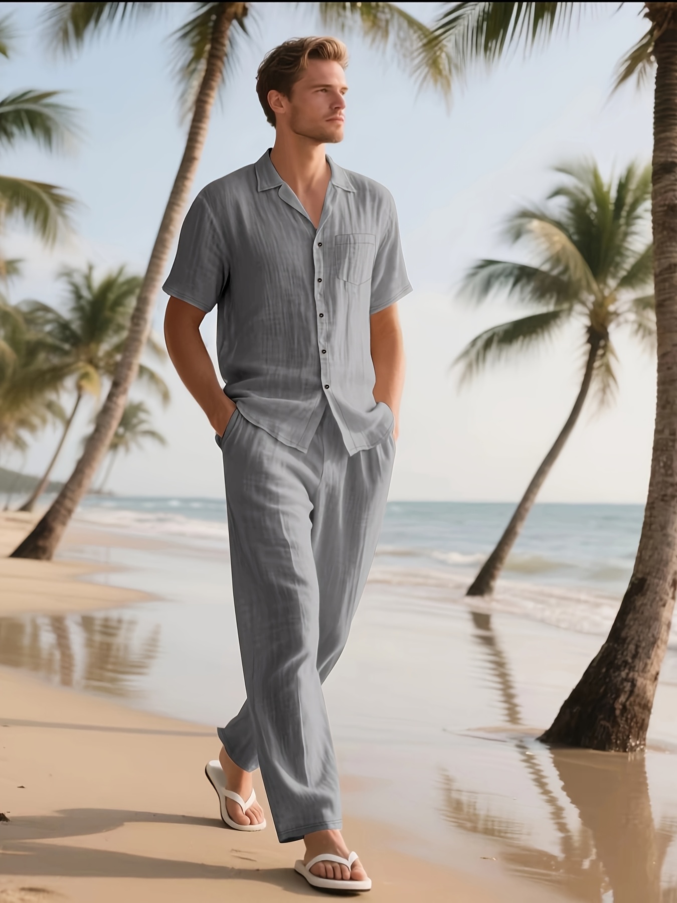 Men'S Summer Linen Casual Short Sleeve Shirt And Loose Beach Long Pants Set