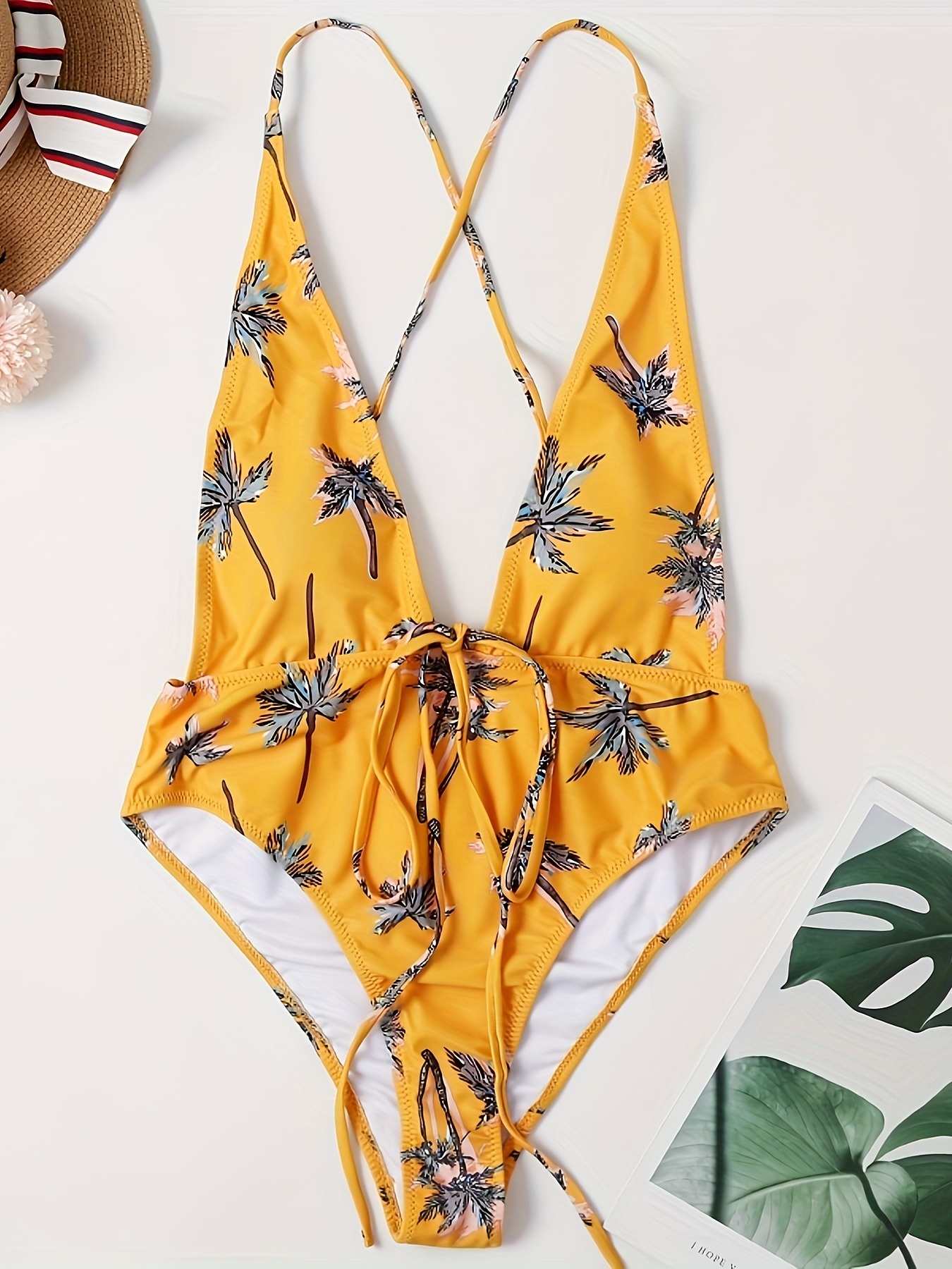 Deep V Neck * Swimsuit, Random Print Tummy Control High Cut Bathing Suit,  Women's Swimwear & Clothing