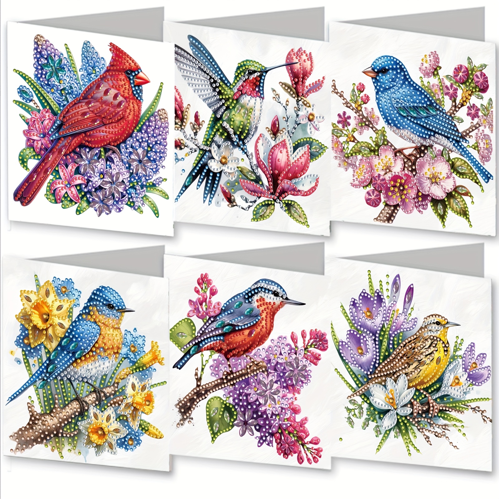 TEMU Un ensemble de 6 (15.0*30.0Cm/5.9*11.81Inch) de kits de cartes d'invitation de peinture diamant avec un d'un cardinal une branche florale. Cet
