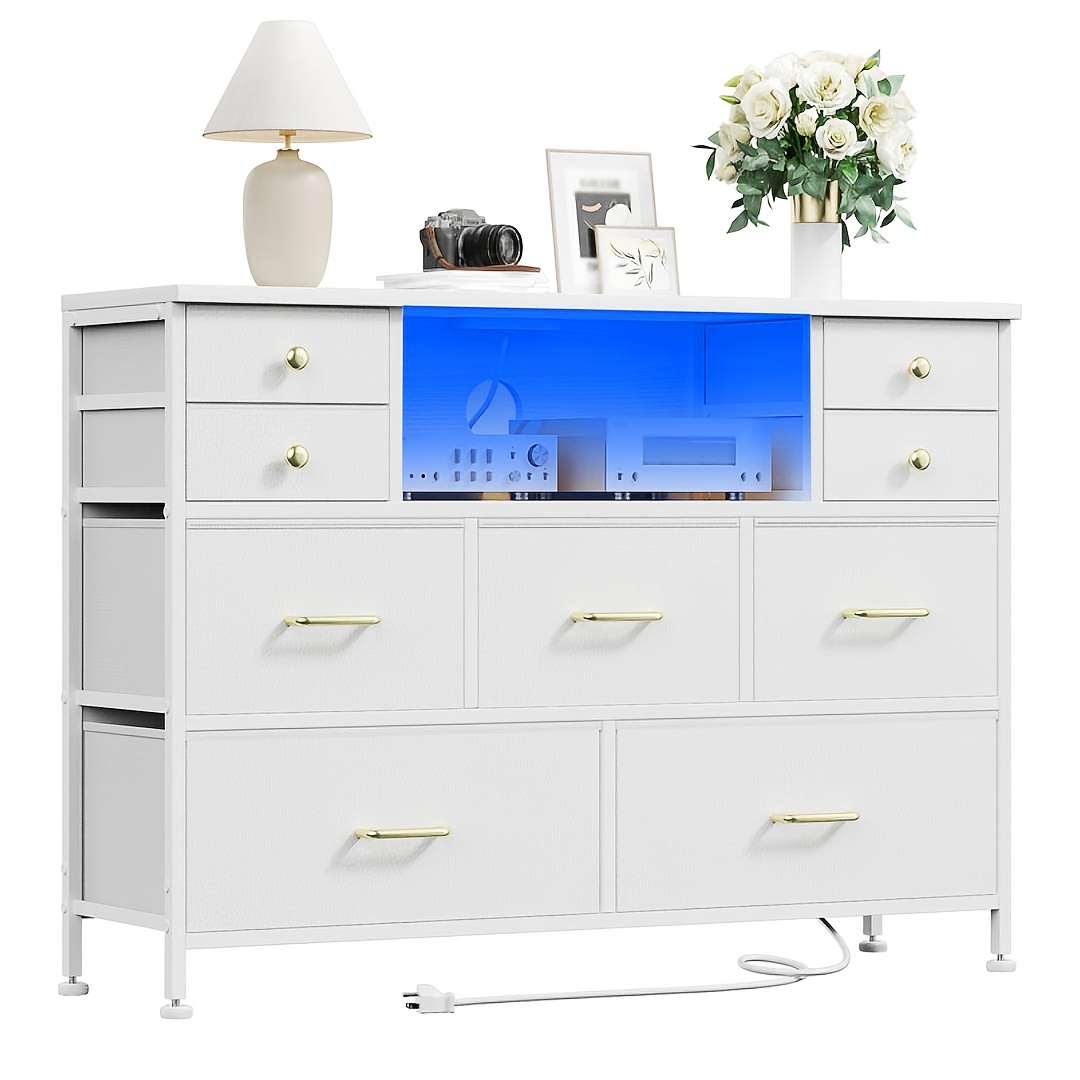 TEMU 9 Drawer Dresser With Charging Station And Led Lights, Sleek Dresser Accommodating 55" Tv, Tv Stand Dresser For Living Room, Drawer Dresser