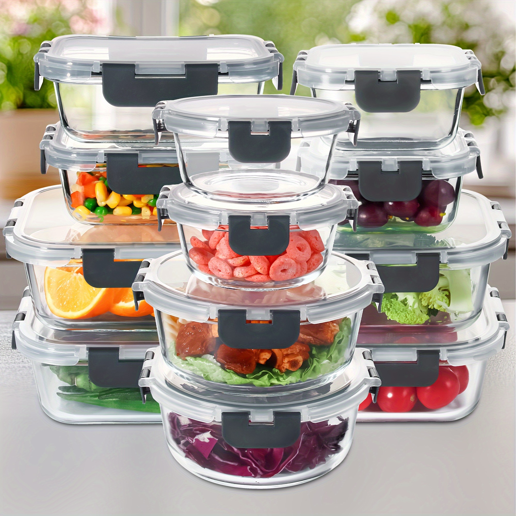 

10/12pcs Glass Food Storage Container Set, Food Storage Container With Lid, Airtight Food Container, Lunch Preparation Container, Travel, , Kitchen 12 Boxes And 12