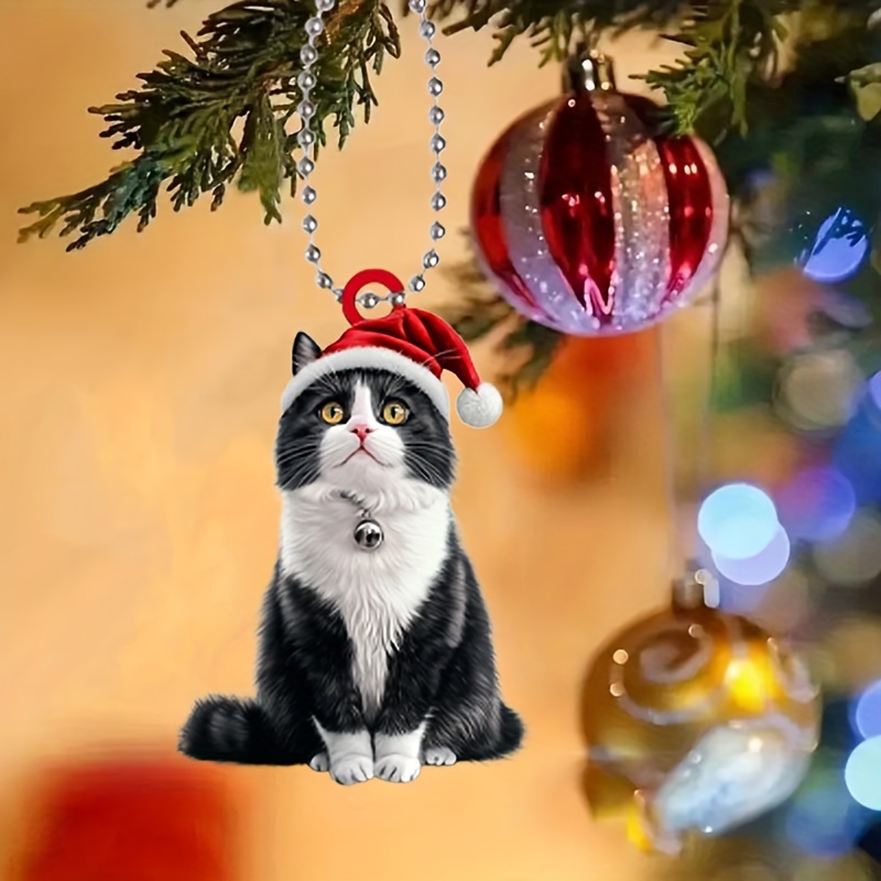 

Black & White Cat With Christmas Hat Acrylic Keychain - Car, Purse Decor | Ideal Holiday Gift & Home Accent