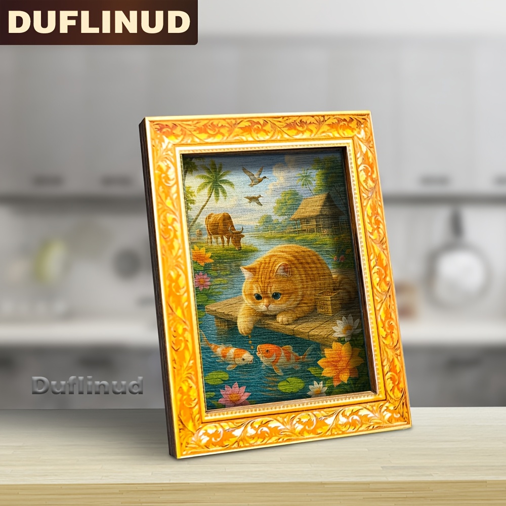 TEMU 1pc Cute Fridge Magnet, Wooden Mini Decorative Painting, Chubby Husky, Orange Fat Cat And Koi Fish Playing Scene, Wooden Fridge Sticker, Decor,