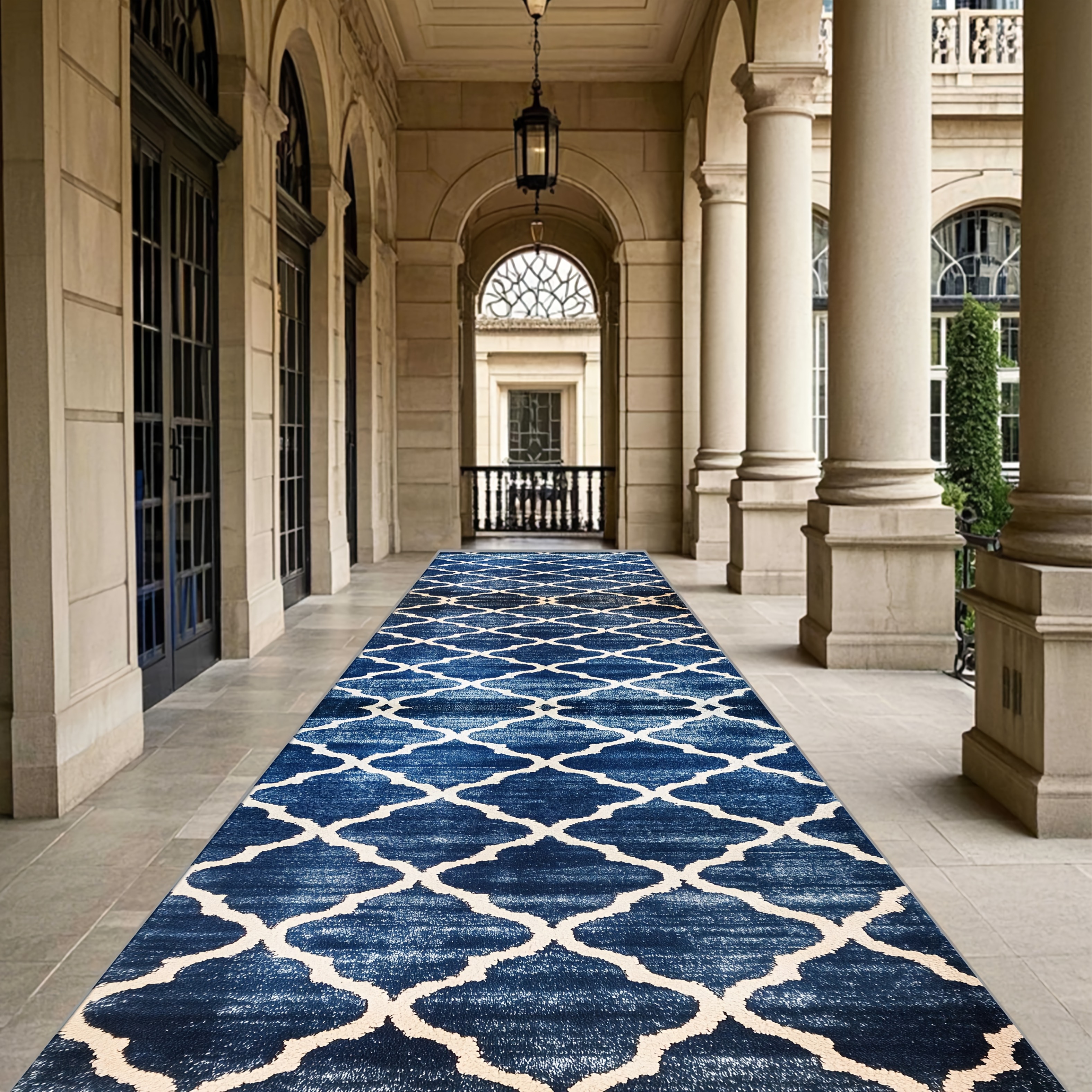 TEMU Shipping: 1pc Of Golden Diamond Velvet, Navy Blue And White Pattern Long Runner Rug, Area Rug With Intricate Geometric , Machine Washable. Easy