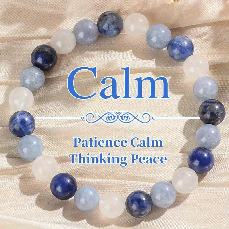 1pc 8mm Natural Stone Bead Bracelet - , "quiet" Pendant, Blue And , Perfect For Daily Life And , Attracts Wealth And , Holiday Bracelet | Quiet Pendant | Elastic Bracelet