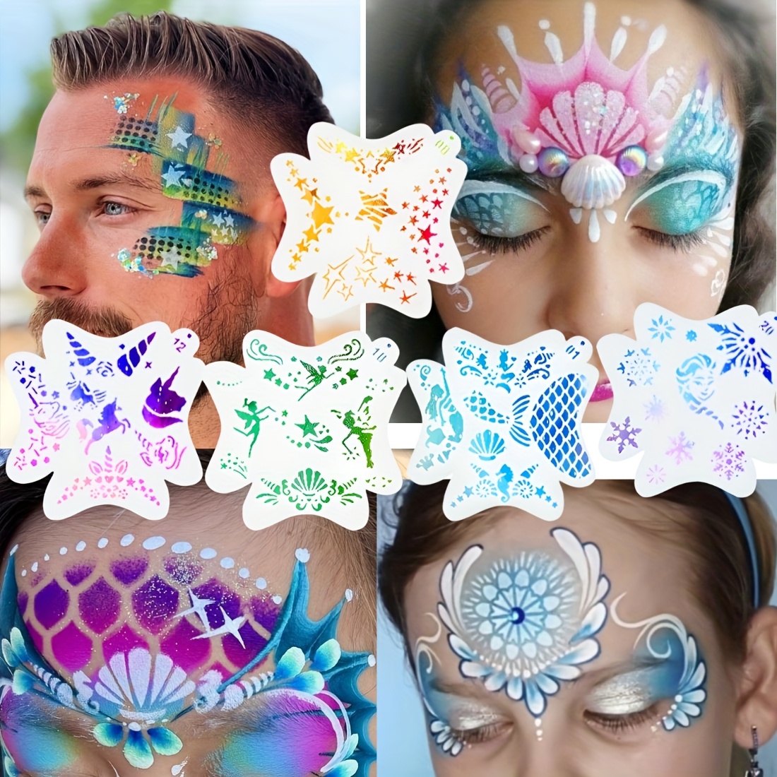 27pcs face painting template set 10pcs of face painting templates easy to clean and reusable face painting tools suitable for parties halloween music festivals facial makeup templates with 10 brushes   sponges   drop shaped sponges