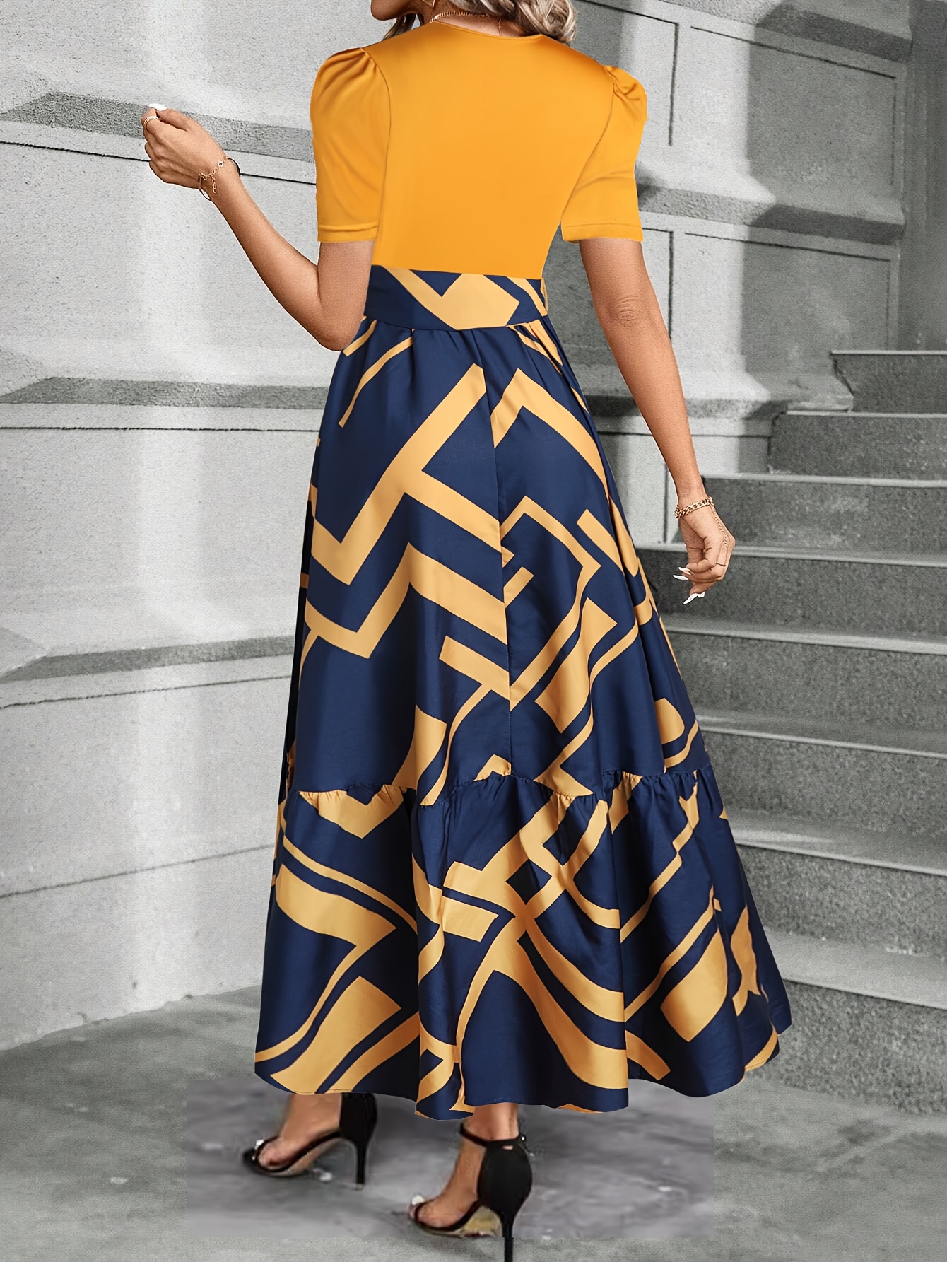 women's elegant geometric print maxi dress yellow shoulder Temu