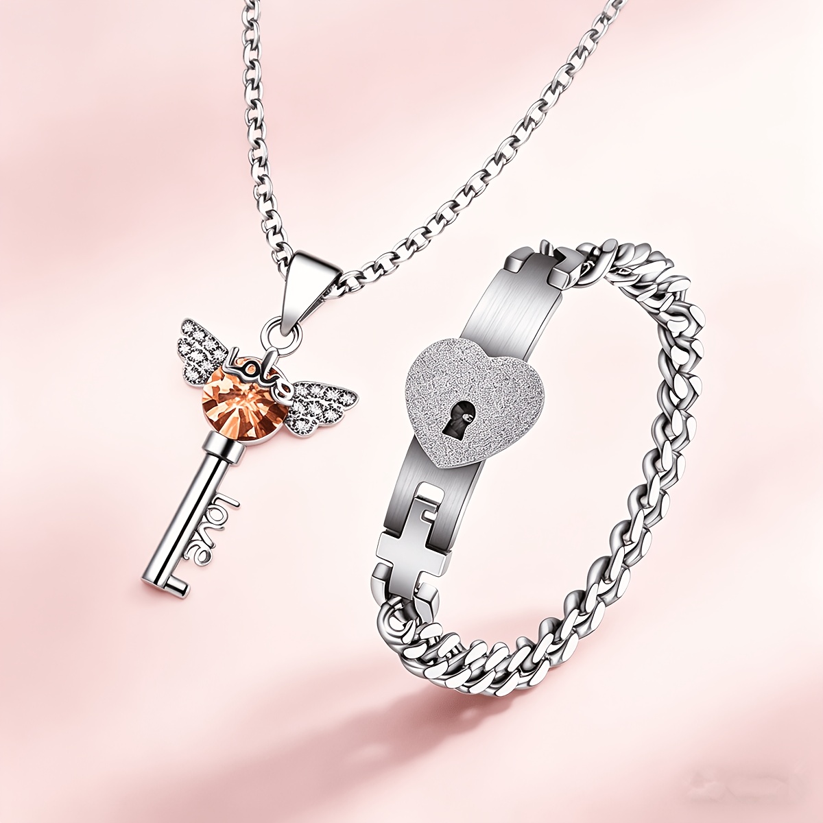 Image of Matching & Key Necklace Bracelet - Adjustable Cuban Heart Lock & Wing Key Pendant, French Style Interlocking Jewelry Gift Suitable For Daily Wear, Anniversary, Valentine's Day Gifts For