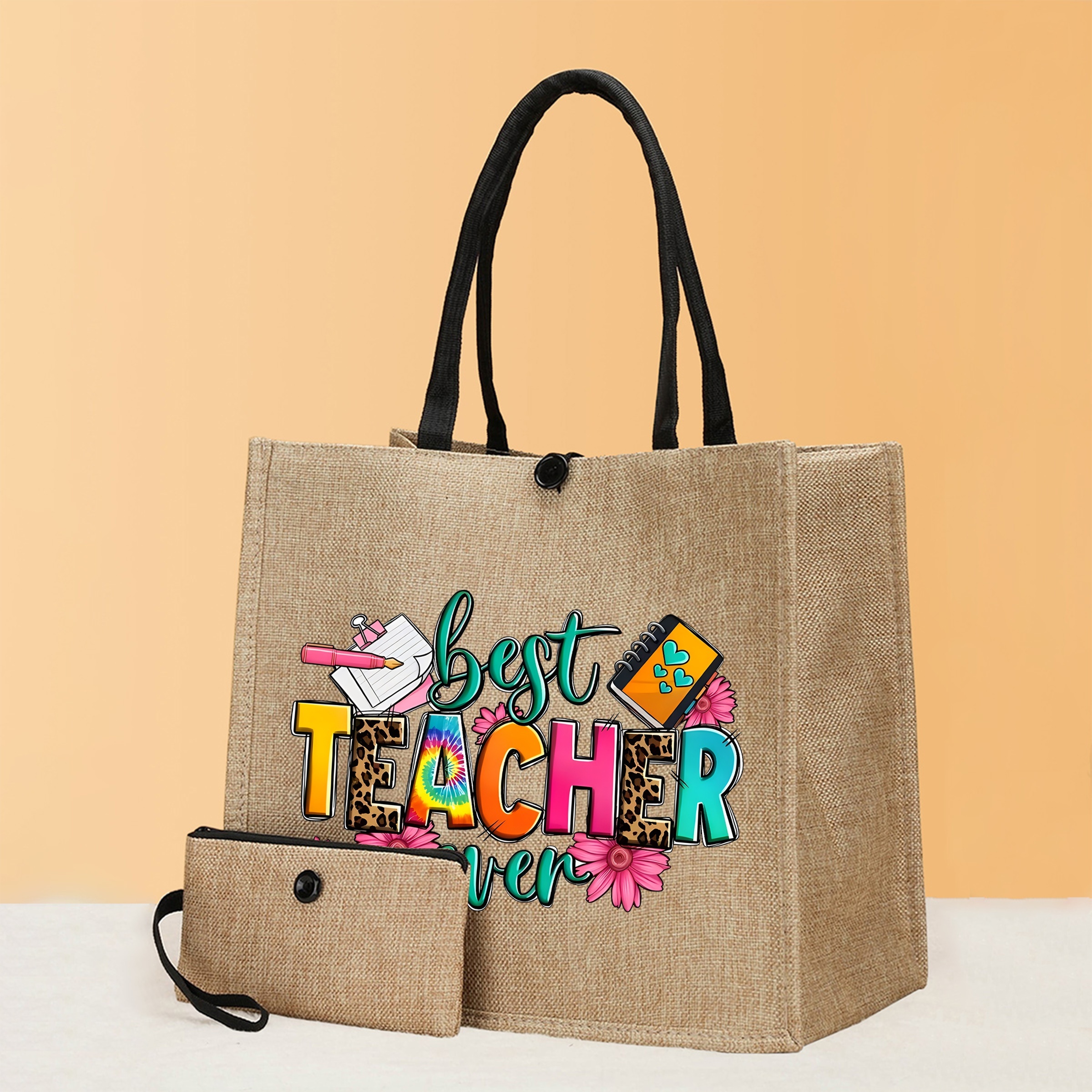 

2 sacs fourre-tout en toile de jute "Meilleur professeur de tous les temps", sacs à provisions en tissu durable avec porte-monnaie, coffret cadeau portable pour l'appréciation des enseignants