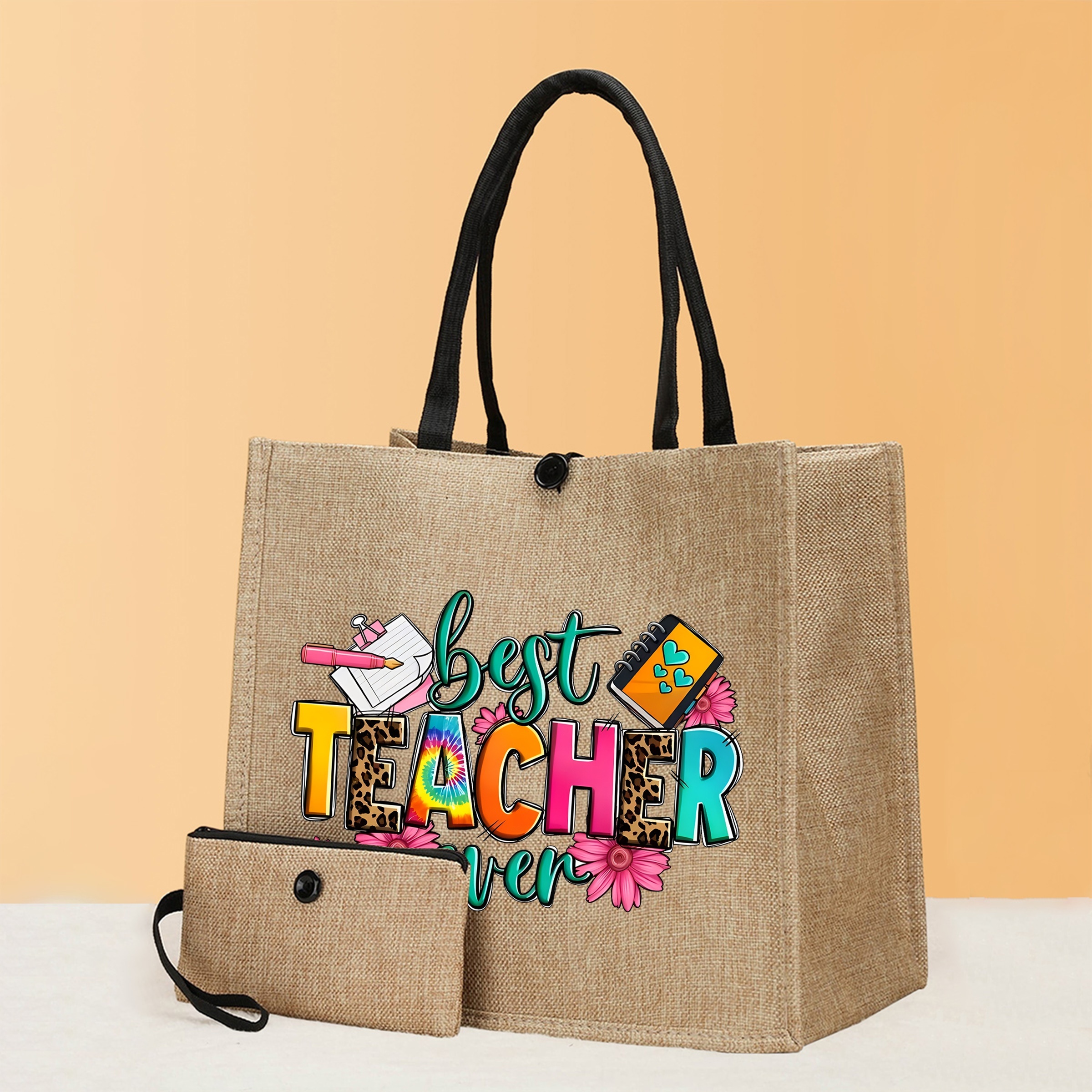 

2pcs "best Teacher Ever" Burlap Tote Bags, Durable Fabric Shopping Bags With Coin Pouch, Portable Teacher Appreciation Gift Set