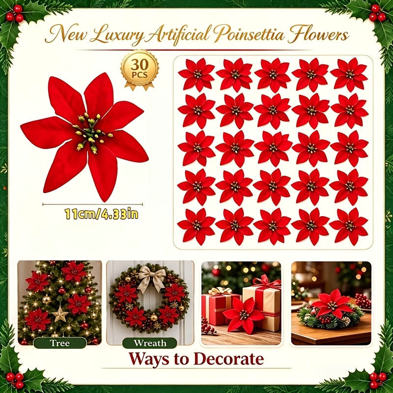 TEMU 30pcs - New Luxury Christmas First Item Red Flower Head, Suitable For Outdoor Courtyards, Christmas, Christmas Trees, Christmas Wreaths, Gift