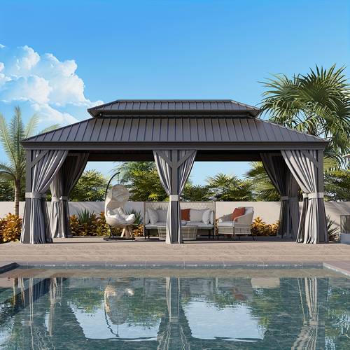 nordivale 6x3 6m permanent gazebo aluminum gazebo with galvanized steel double roof for patio lawn and garden curtains and netting included grey
