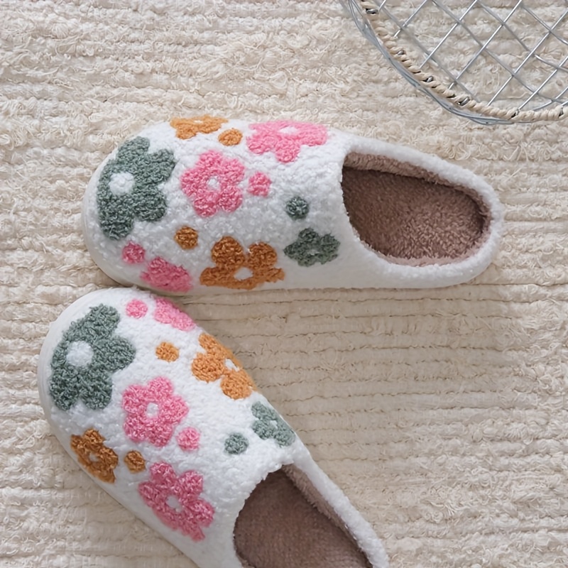 cozy plush floral slippers for women and men warm indoor house shoes with embroidered sunflower design thick tpr sole machine washable   fall and winter     shoes floral pattern slippers soft fabric shoes cute slipper 3