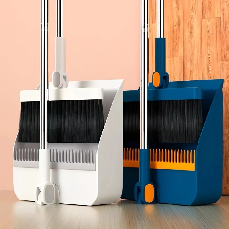 [sturdy broom set] collapsible stainless steel handle indoor broom and dustpan set | soft bristles for hard floors | for home, kitchen, room, office living room essential cleaning products, practical sweeping kit, home cleaning tools, spacesaving set, lightweight broom, durable construction, floor sweeper, office cleaners, cleaning essentials Product details 0