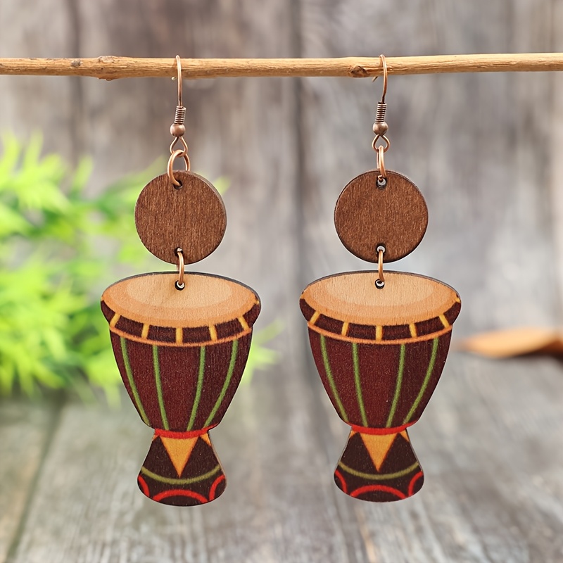 TEMU A Pair Of Bohemian-style African Hand Drum Earrings With Wooden Printed Design, Creative Vacation-style Ear Jewelry For Women