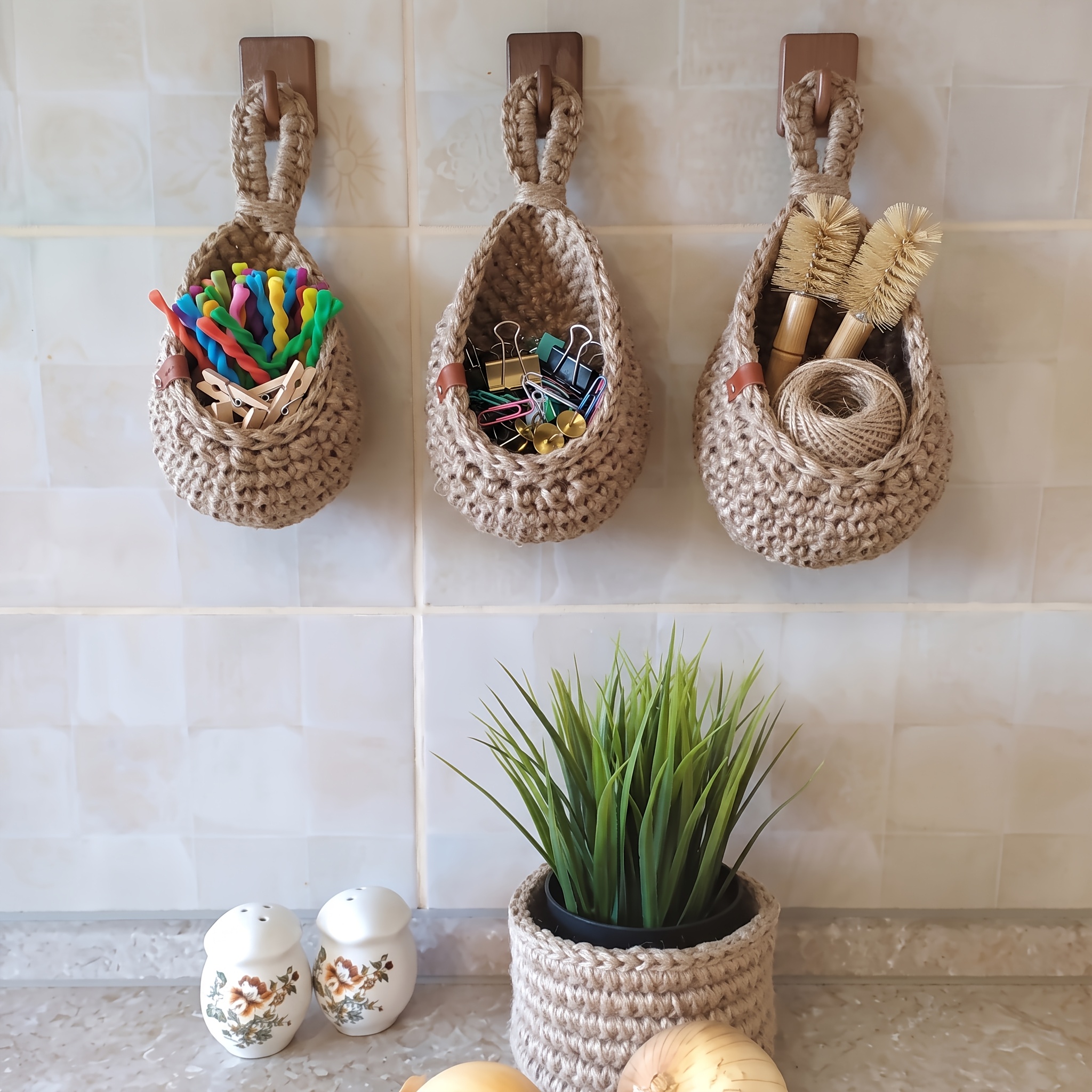 3pcs Bohemian-style Rope Handwoven Wall-mounted Basket Set, Multi-functional Hanging Storage Basket Made of, Suitable for Storing Sundries, Kitchen, Home, and Dining Room Decorations, Shelf Basket, Perfect Gift for All Four Seasons., Shelf Baskets