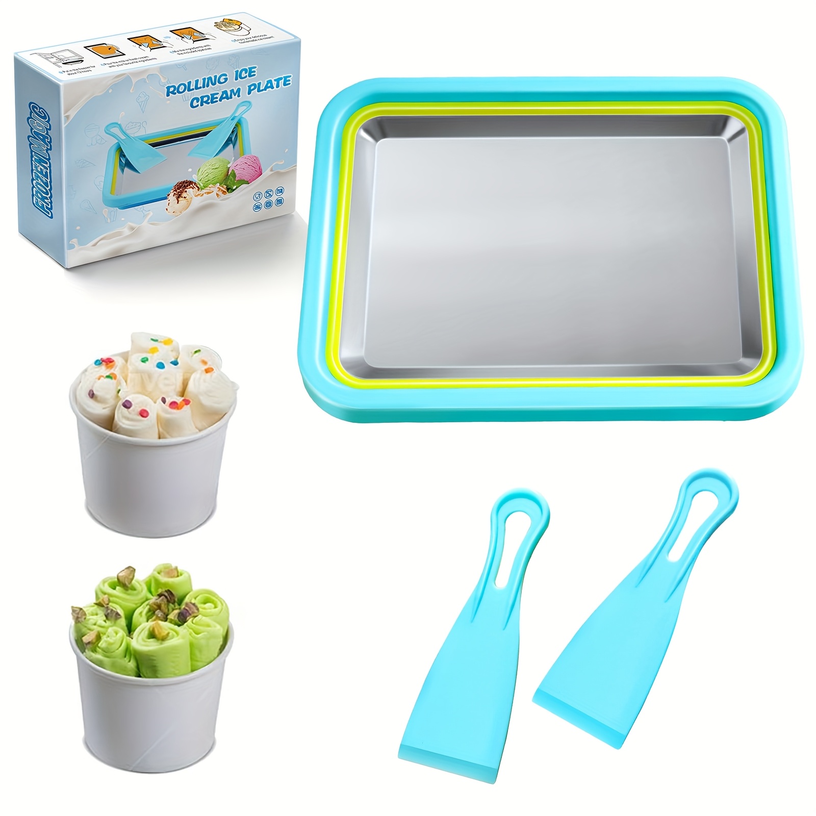 Mini Rolled Ice Cream Maker Tray - Non-Electric Instant Cold Plate for Homemade DIY Ice Cream, Frozen Yogurt & Smoothies with 2 Spatulas, Portable Square Design for Family Kitchen Activities & Youngsters' Parties, Frozen Yogurt Crafting | Square Ice Tray | Nonelectric Appliance, Ice Cream Mold