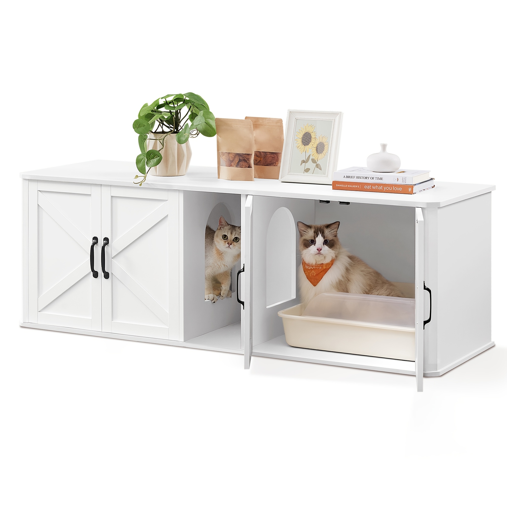 TEMU Enclos double pour litière, maison pour chat, meuble moderne cache-litière pour 2 chats, entrée , table d'appoint latérale, meuble TV, 59 x 19 x