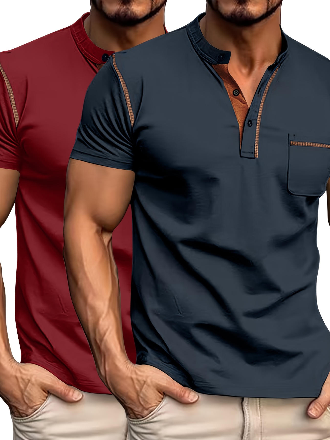 Conjunto de duas peças casual para homem, camiseta, camiseta de manga curta com decote em V e detalhes de botão, camiseta desportiva ajustada.