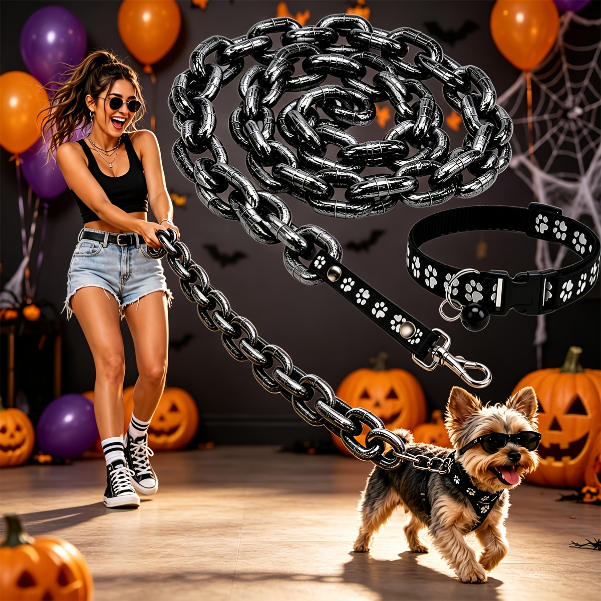 TEMU Halsband en nepketting-riemset voor honden voor Halloween, nagebootste kunststof ijzeren ketting-rekwisiet, verstelbare halsband voor huisdieren