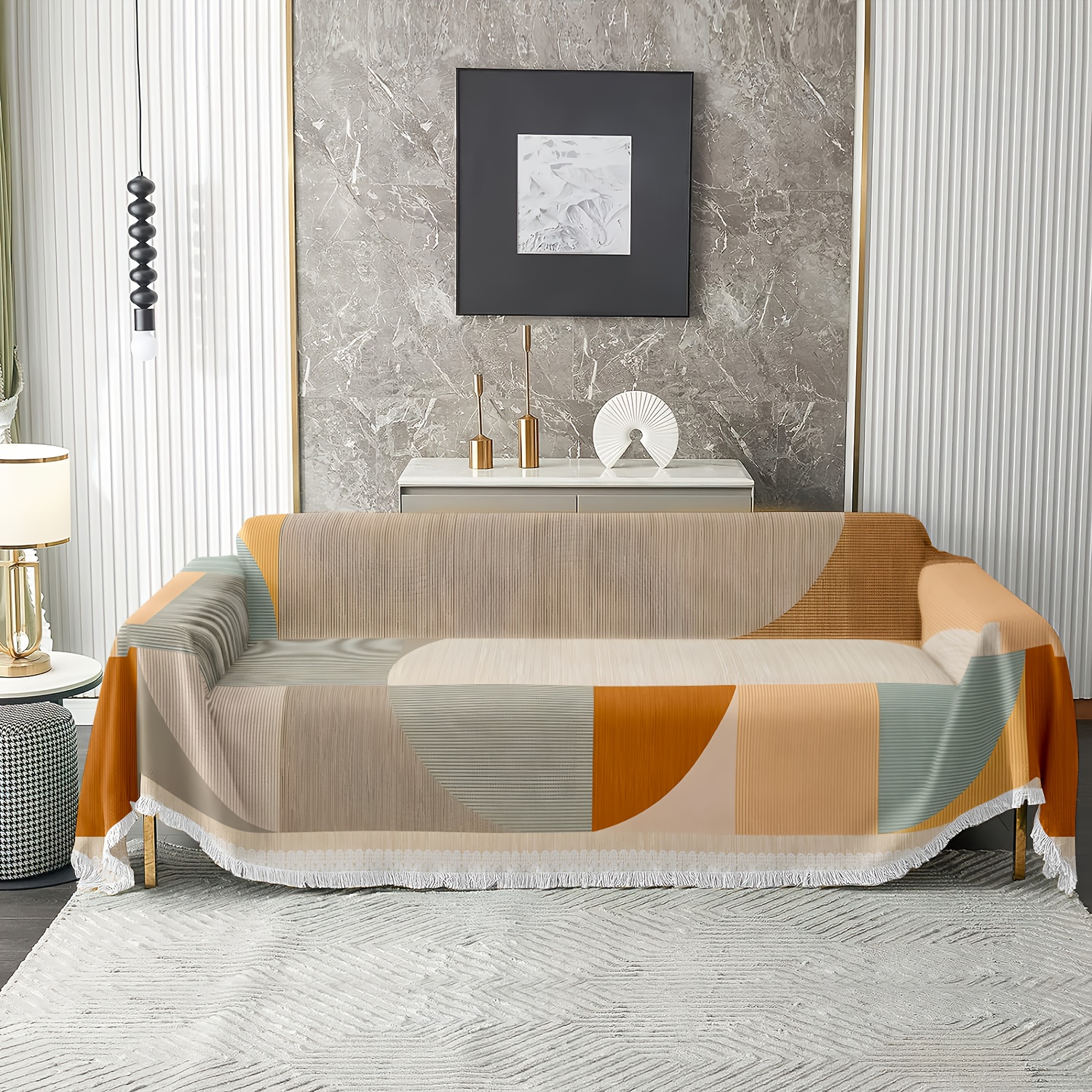 TEMU 1pc Of Nordic Minimalist Style Printed Sofa Cover With Fresh And Comfortable Geometric Patterns, A Universal Full-cover Slipcover Suitable For
