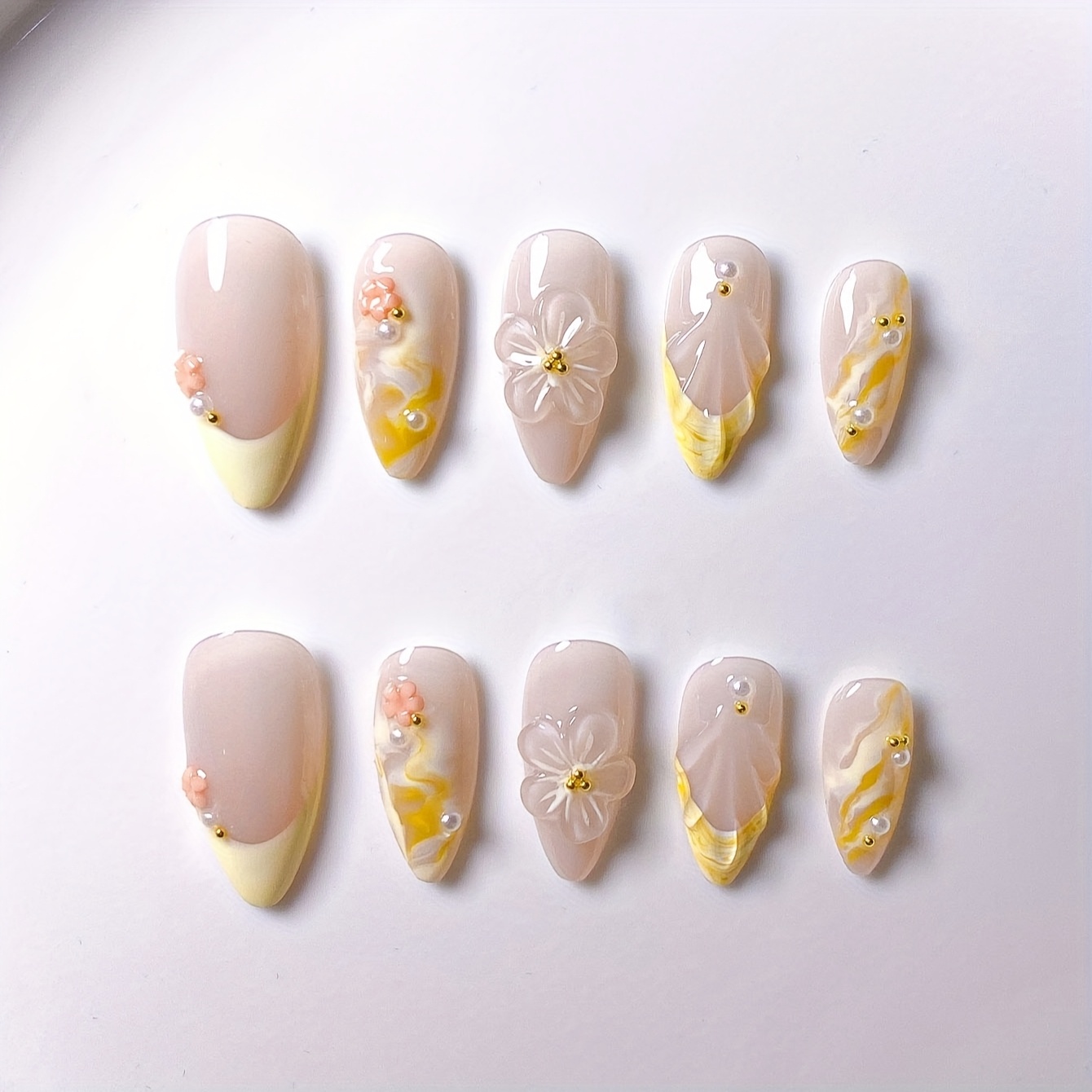 10pcs Handmade Almond Wearable Nails Orange-yellow French Ombre 3d Pinch Flower Shell Texture Pearl Cherry Premium Luxurious Temperament New Style Fake Nail Sheets