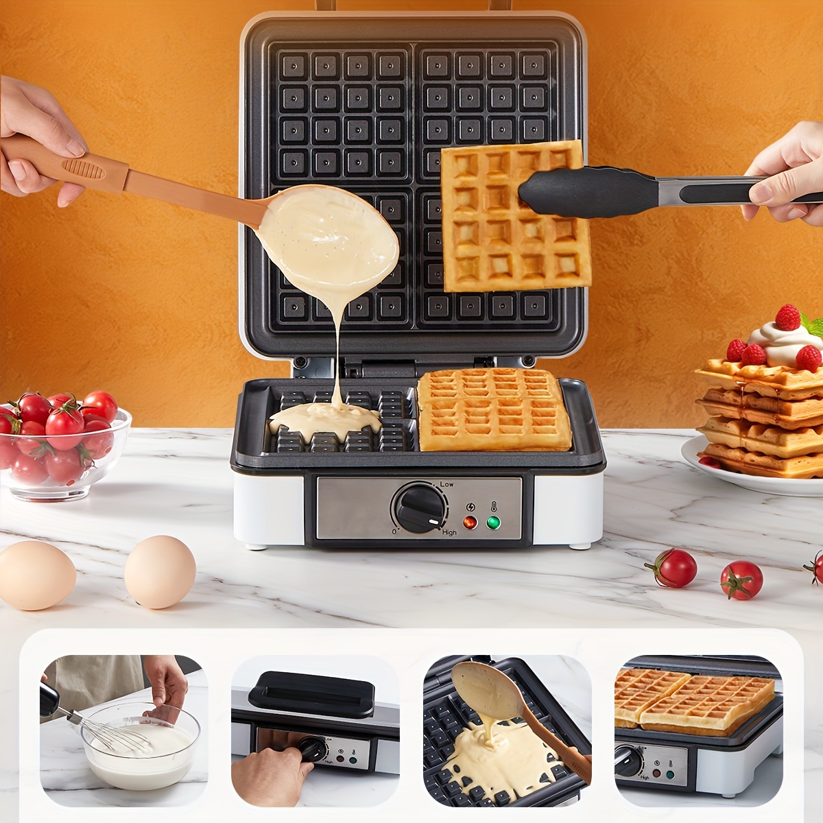 

Fohere Belgian Waffle Maker 4 Slices, 1200w With Handle, 5 Levels, Non-stick Plates, Anti-scald Housing, Anti-overflow Moat, Indicator Lights, Square , Save Space For Storage, Easy Cleaning, White