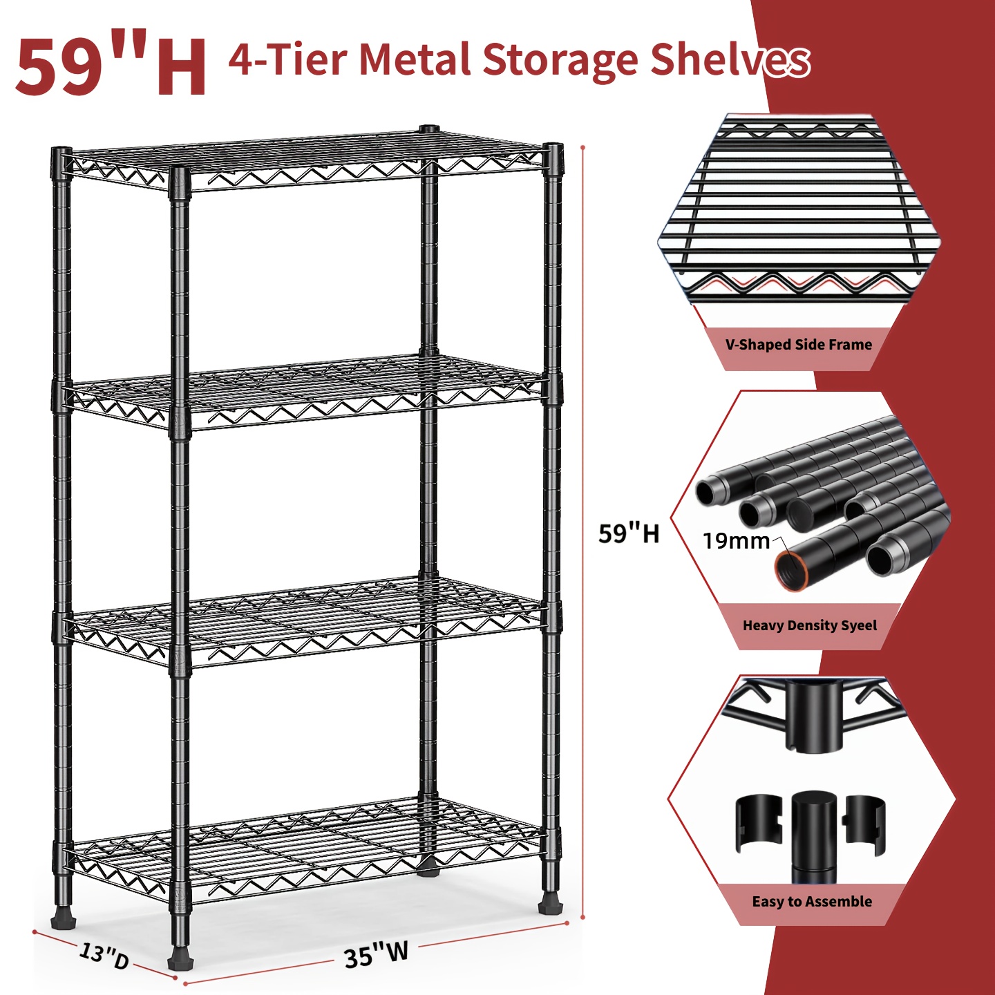 TEMU Mzg Heavy-duty 4-tier With Wheel/5-tier Suitable For Garage, Warehouse, Basement Storage Shelves - Carbon Frame & Stainless Shelving, Adjustable