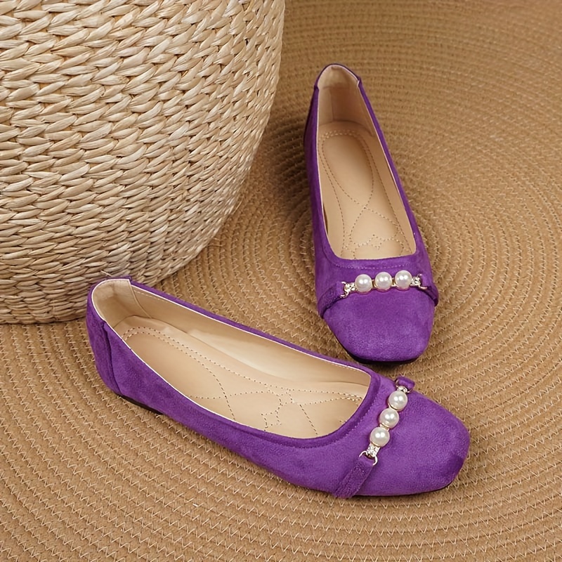 

Elegant Purple Cover Flats With Pearl Accents - Comfortable One-strap Closure, Breathable , And - Casual And Formal