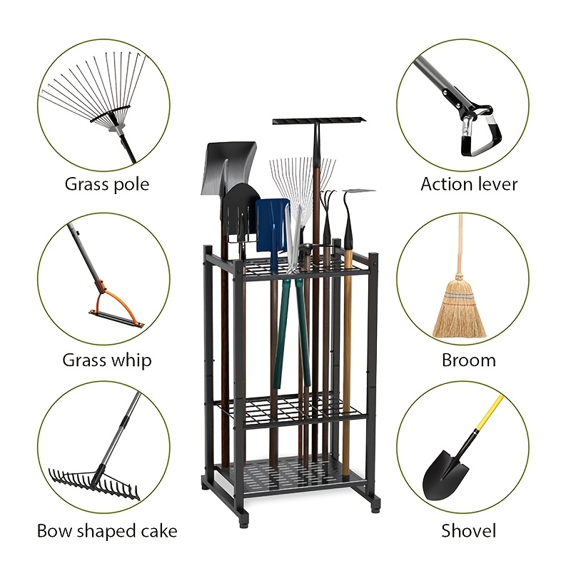 Image of 1pc Mobile Garden Tool Organizer With Hooks, Designed For Holding Long-handled Items Like Brooms, Shovels, And Rakes, Suitable For Garage Organization And Storage, Heavy Duty Steel Storage Rack.