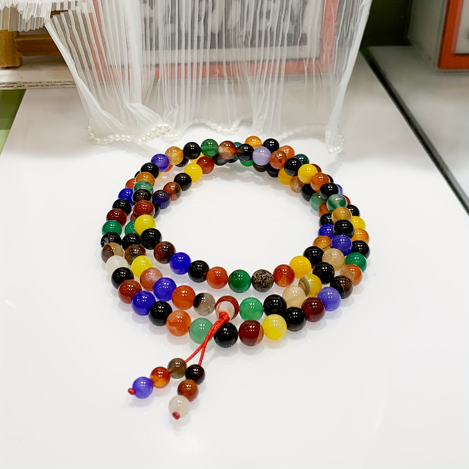 108pcs 8mm Agate Bead Bracelet Multicolor Gemstone Jewelry with Tassel