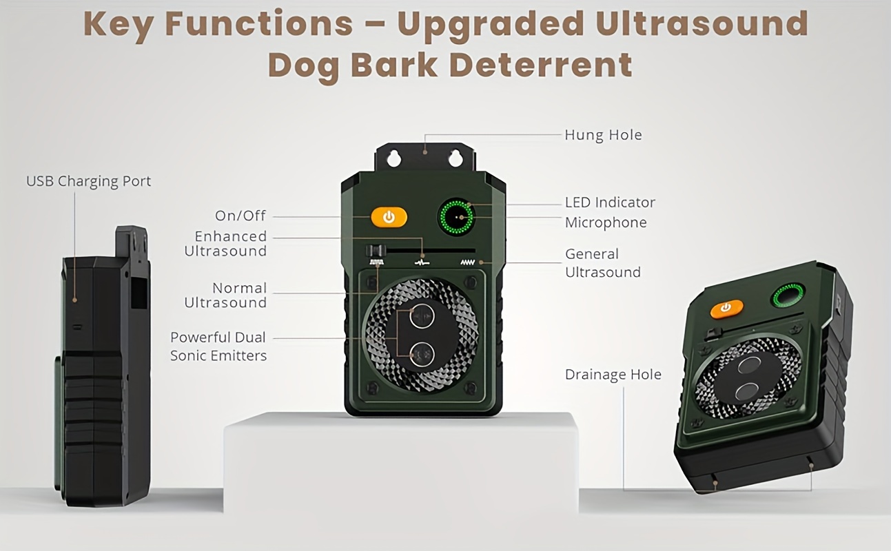 15 meter ultralydskontrolenhed til hundegøen, 3 sikker afskrækkende enheder, automatisk genopladelig med 2 sendere, USB-opladning, lithium-polymer-batteri, anti-gøenhed til indendørs og udendørs brug. Produktdetaljer 0
