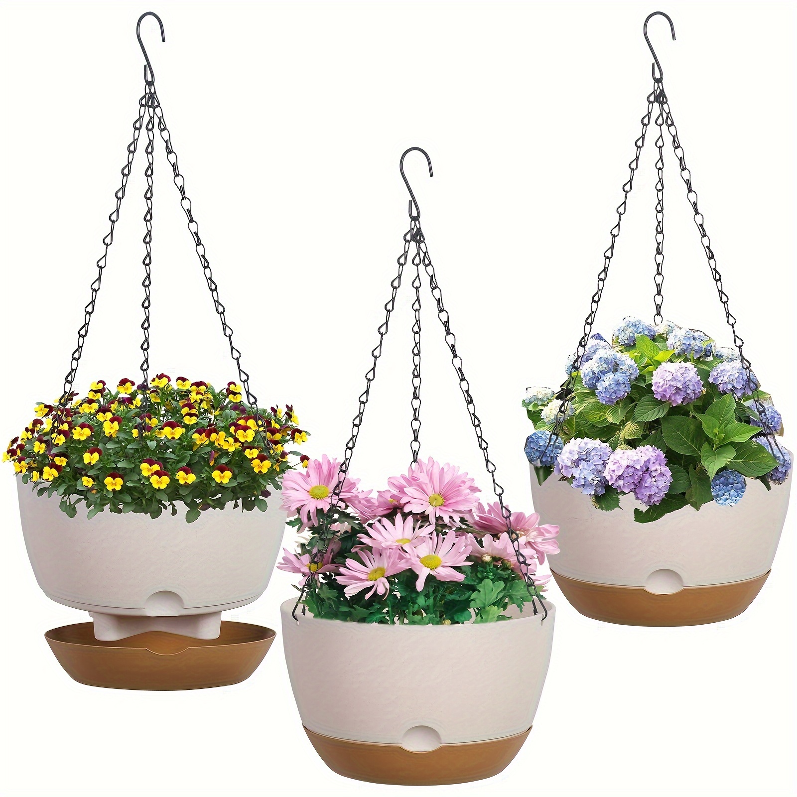 

3 Packs, Hanging Planter Set, 8 Inch Hanging Pot With Drainage Hole For Indoor Outdoor Plants, Plastic Hanging Plant Pot With Chain And Removable Tray, Garden Porch Balcony Patio Decor