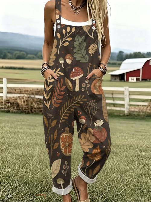 item picture brown retro autumn style overalls with illustrations of fallen leaves mushrooms pumpkins and citrus multi pocketed roll up cuffs loose fitting trousers