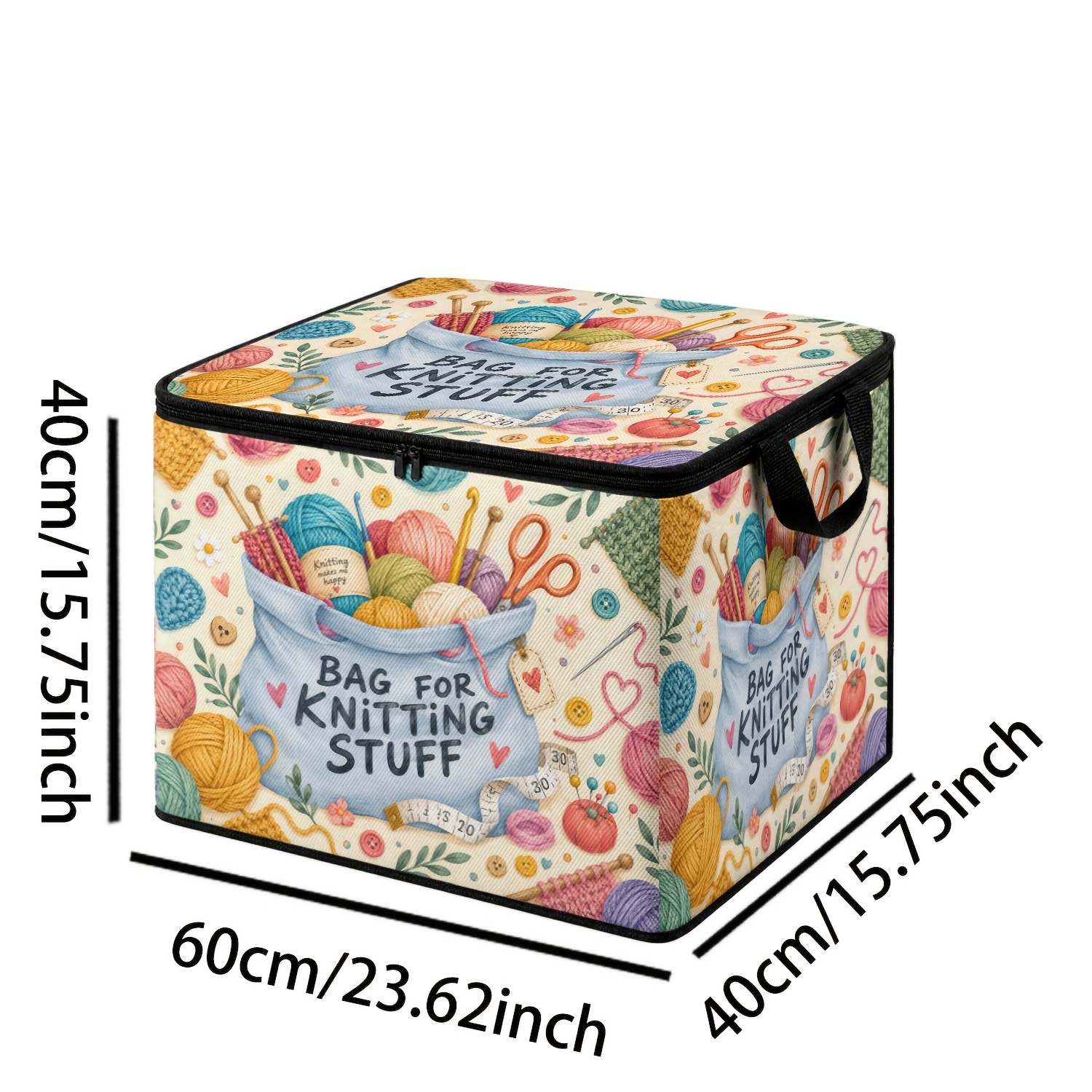 TEMU 1pc Knitting Hobby Theme Soft Fabric Storage Box, Blue Needlework Bag, Yarn Ball, Knitting Needle, Crochet Hook, Scissors, Tape Measure, Safety