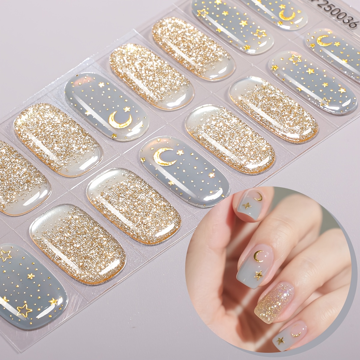Image of 16 Tips Sky Blue Semi Cured Gel Nail Strips, Moon Evening Gradient Glitter Self-adhesive Gel Nail Full Wraps, , Easy To Manicure, Suitable For Women' Nail Supplies Nail Stickers