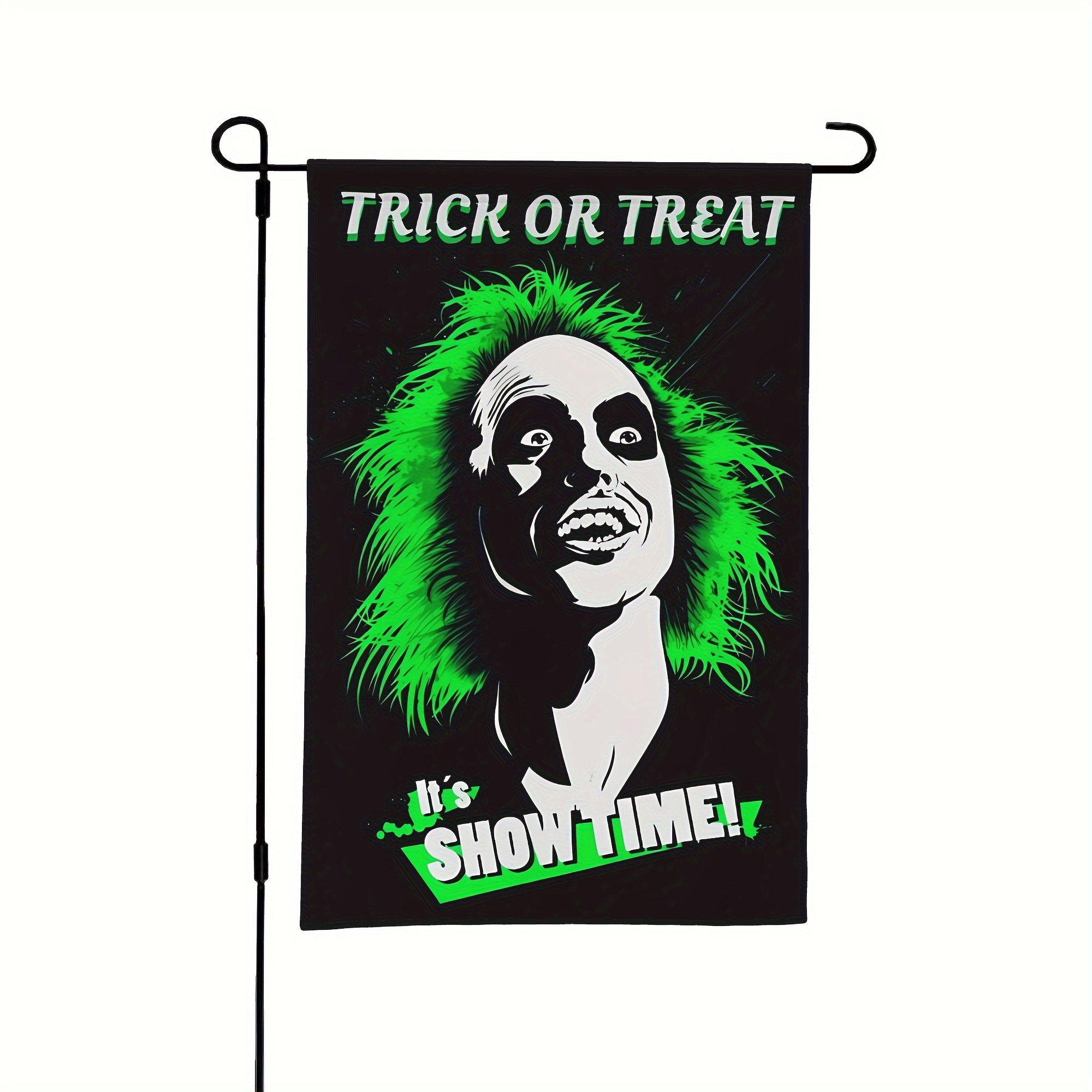 

Festive Halloween Banner: Trick Or Treat - It's Show Time! 12x18in Outdoor Garden Flag With Black Background And Green Accents