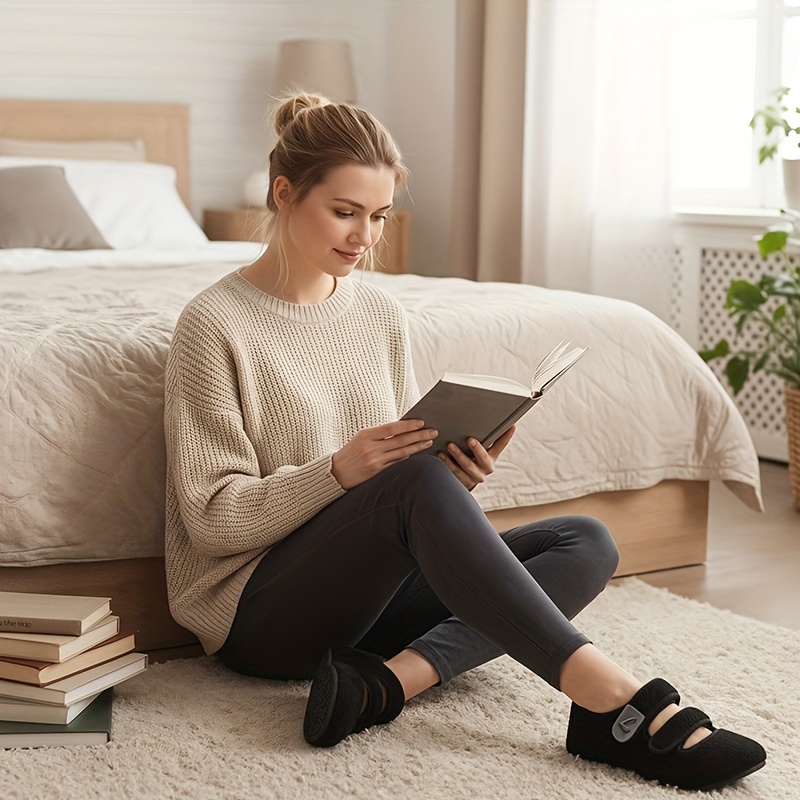 Women'S Plush Flat Shoes | Indoor & Outdoor with Rubber Sole, Hook-and-loop Fastener, Solid Color Fabric Upper and Insole, Non-slip, Low Top