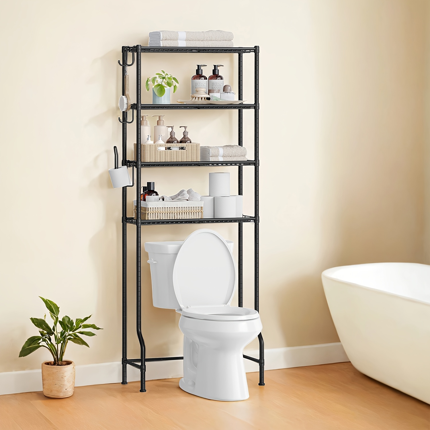 4-story Toilet Rack, Bathroom Shelf, Washing Machine Shelf, Adjustable Shelves, With Hooks, Black