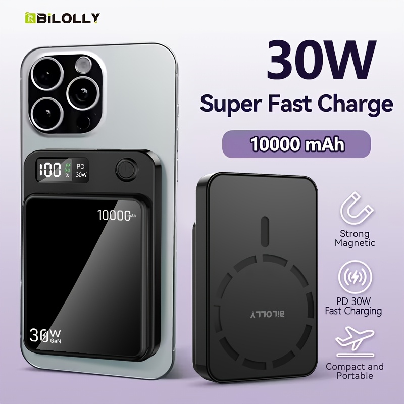 TEMU Bilolly Wireless Power Bank 10000mah, Portable Charger, Magnetic Power Bank, 15w Wireless Charging And 30w Pd Wired Charging, Usb-c Input And