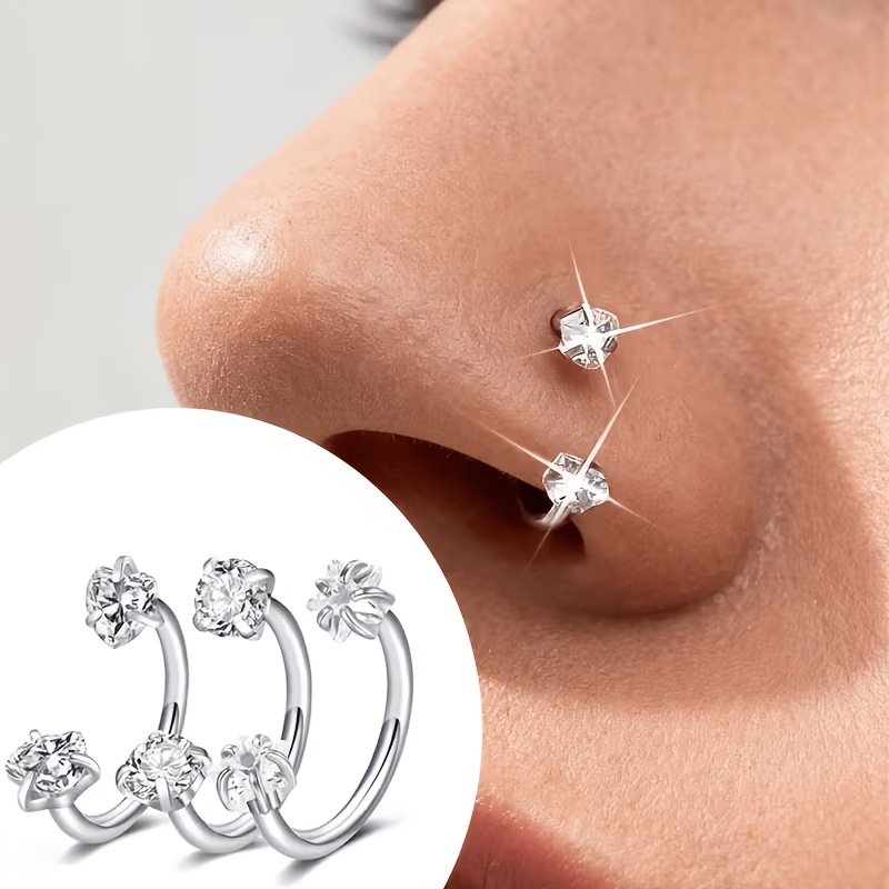 TEMU 3pcs Horseshoe U-shaped Nose Rings, With Heart, Star, Round, And Cubic Synthetic Zirconia Inner Thread Septum Rings/ear