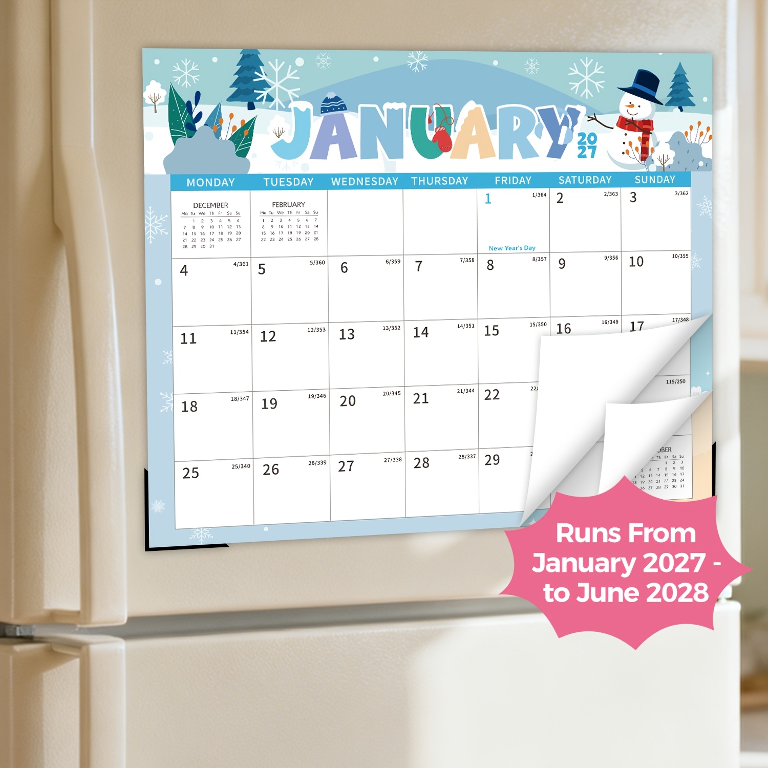TEMU Magnetic Calendar 2027-2028, 18 Monthly Calendar From Jan 2027 To Jun 2028, Tear-off Pages, With Corner Guard, Julian Dates, Refrigerator