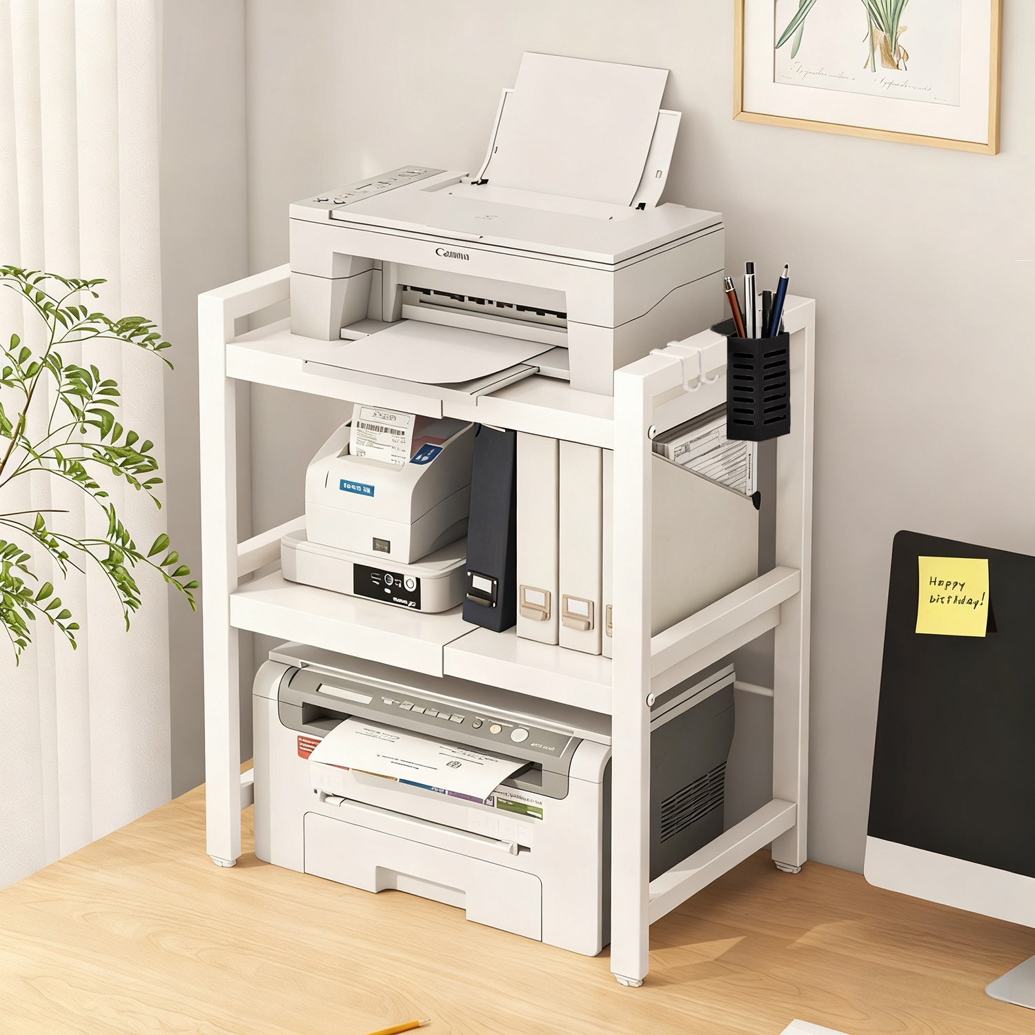 Image of 2-tier/3-tier Printer Stand With 2 Hooks, Pen Holder Storage, Expandable Stand, Office Fax Machine Desktop Organizer, Monitor Stand, Desktop Storage Rack For Home Office, Copier (white, Black)