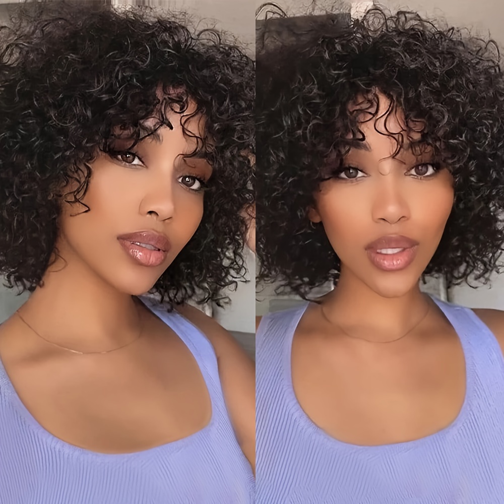 

10inch Curly Human Hair Wig With Bangs - 180 Density Shoulder Length Wig For Women - Natural Look And Feel