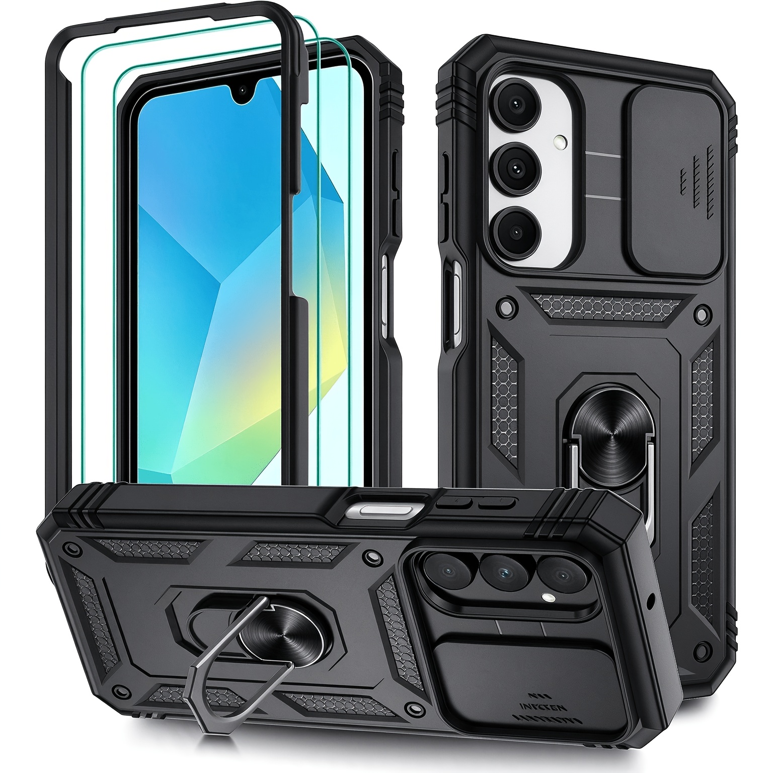 TEMU Custodia per Telefono: 3 Pezzi [1 Custodia e 2 Pellicole Protettive Trasparenti] con Cornice Anteriore, Anello Supporto e Copertura Fotocamera,