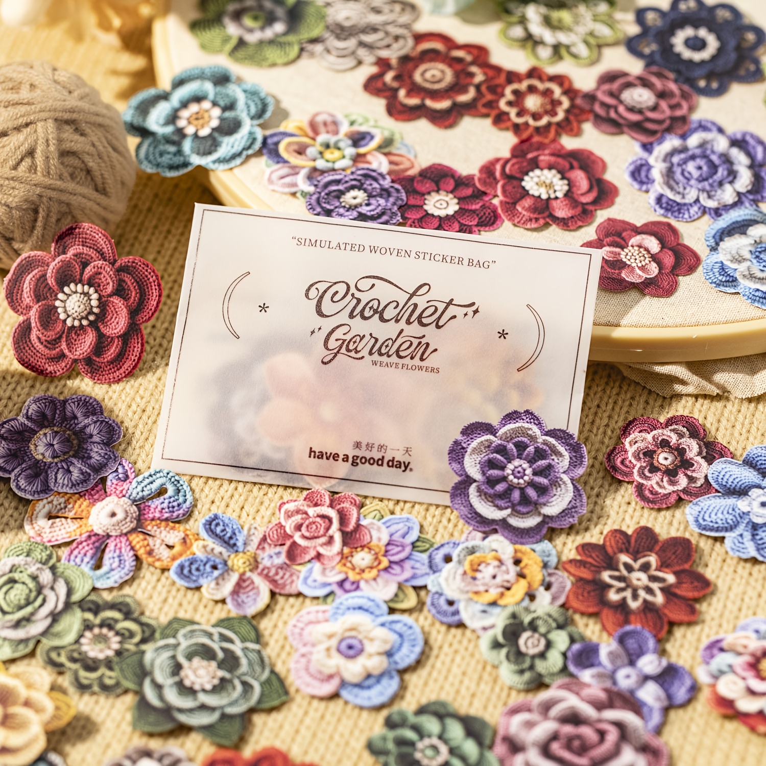 TEMU Lot de 50 feuilles/sac d'autocollants Série Jardin au Crochet Simulation Crochet Autocollants Cartes Dur, Autocollants Cartes à Collectionner et