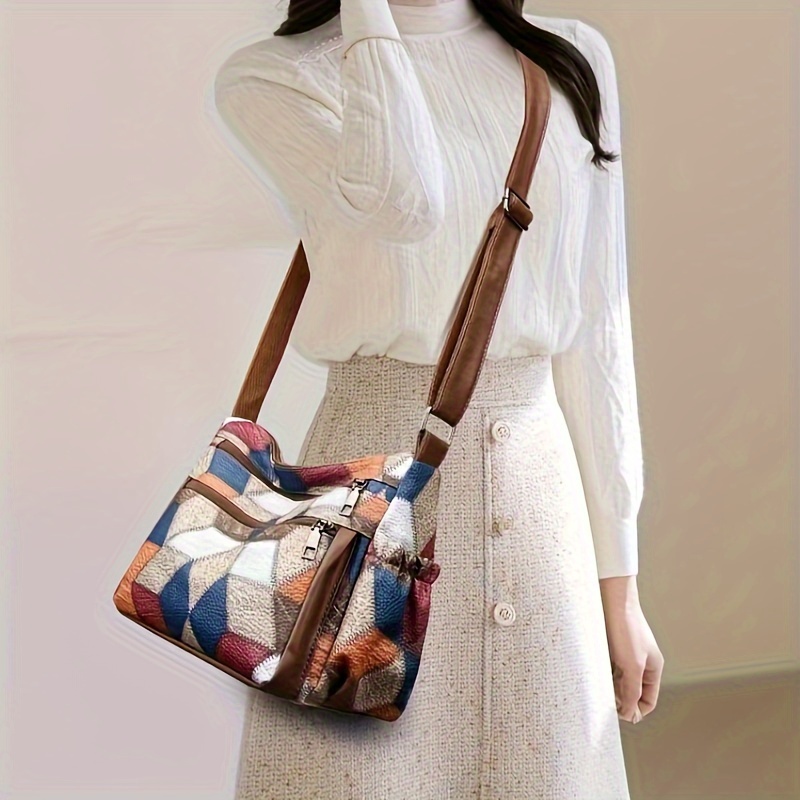 

Elegant Patchwork Crossbody Bag, Multi-pocket Soft Shoulder Purse, Color Block Handbag With Adjustable Strap