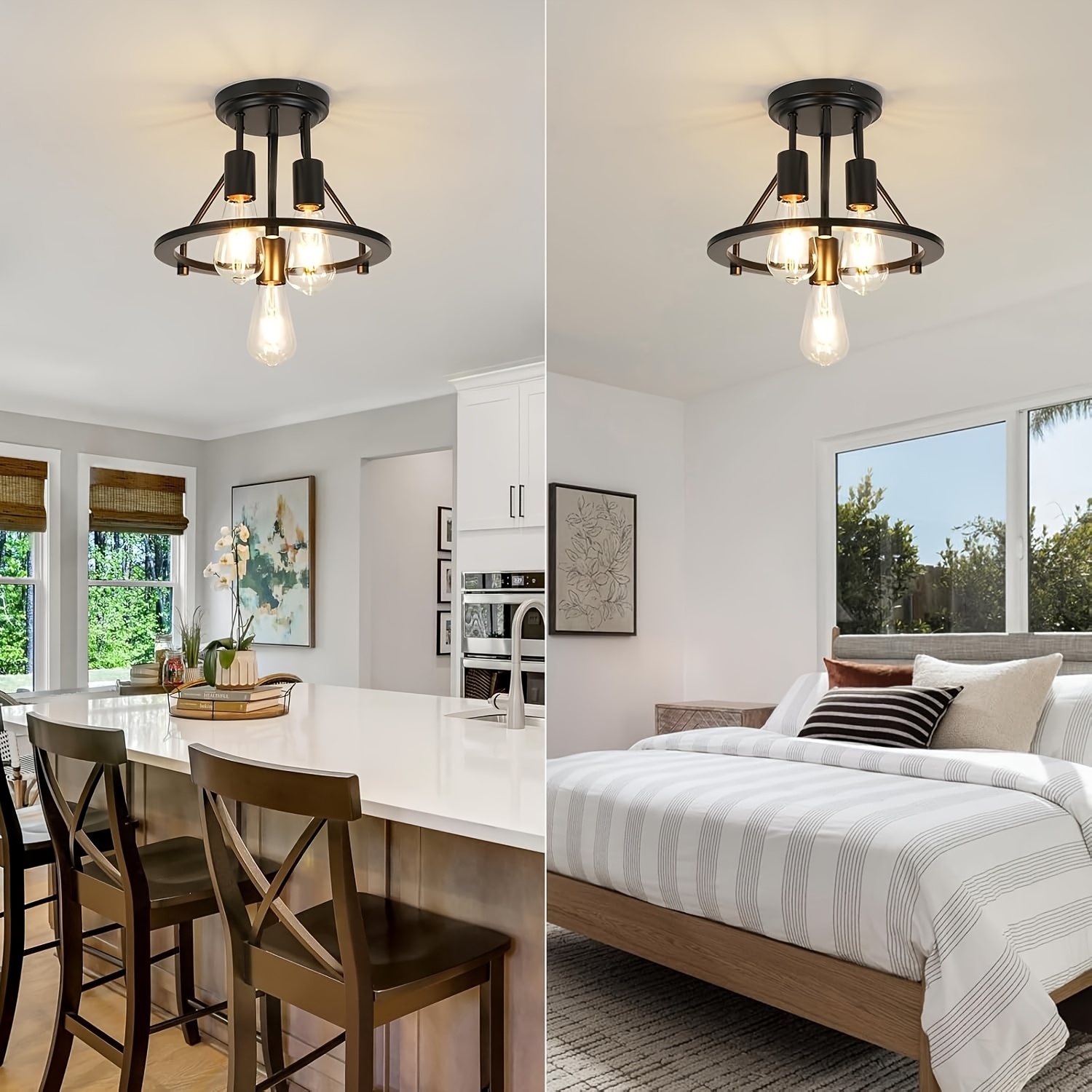 Black Semi Flush Mount Ceiling Light - 3-Light Modern Farmhouse Chandelier For Kitchen, Entryway, Bedroom (E26 Socket, Adjustable Frames)