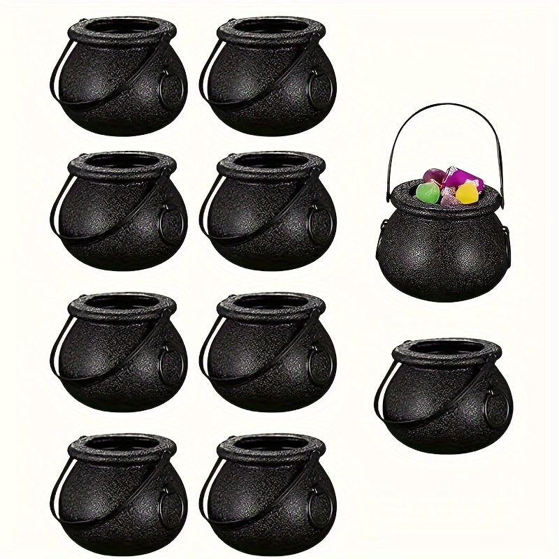 

10pcs Mini Cauldrons - Black Plastic Candy Buckets For Halloween & 's Day Parties, No Power Needed, Home Decor Halloween Party Supplies