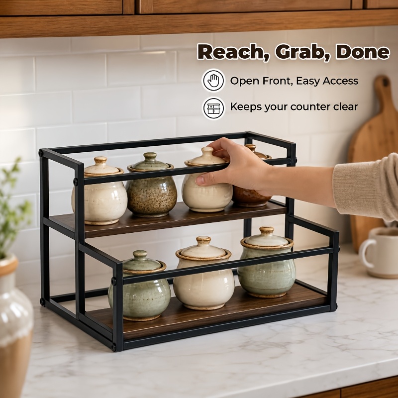 2-Tier Kitchen Storage Rack with Wooden Base, Space-Saving Spice Shelf